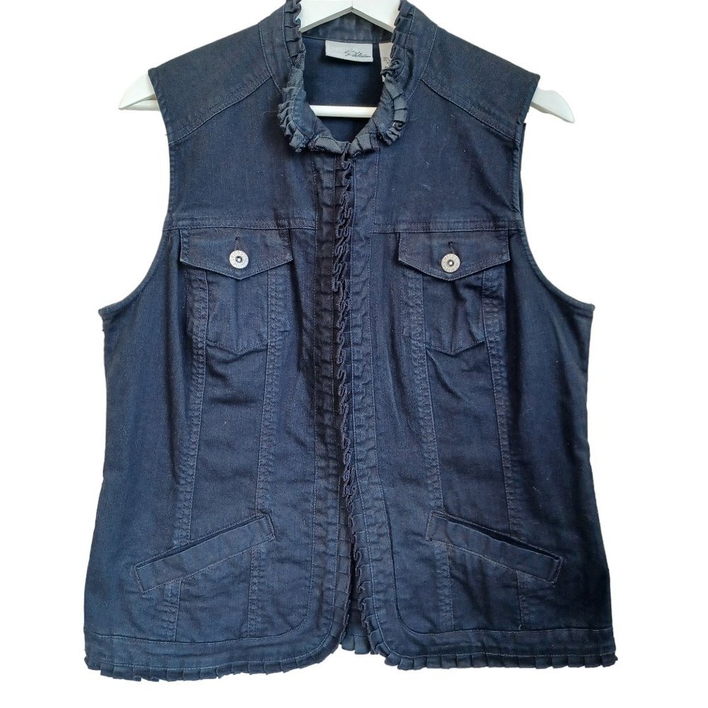 Chicos Platinum Womens Navy Blue Ruffle Trim Denim Vest Stretch Dark Wash Size M